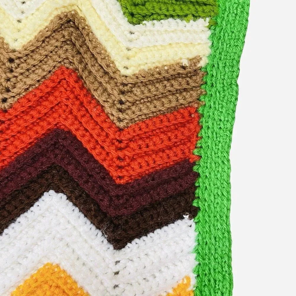 Vintage 1970s Handmade Colorful Zig Zag Chevron Afghan Throw 63 x 59 Blanket 70s